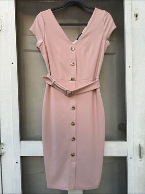 Women's Pink V-Neck Button-Front Belted Dress
